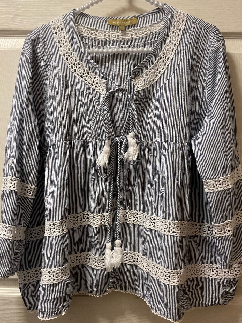 Rose and Rose Blue‎ Pin Striped and Lace Tie Blouse/Jacket 100% cotton Size LG